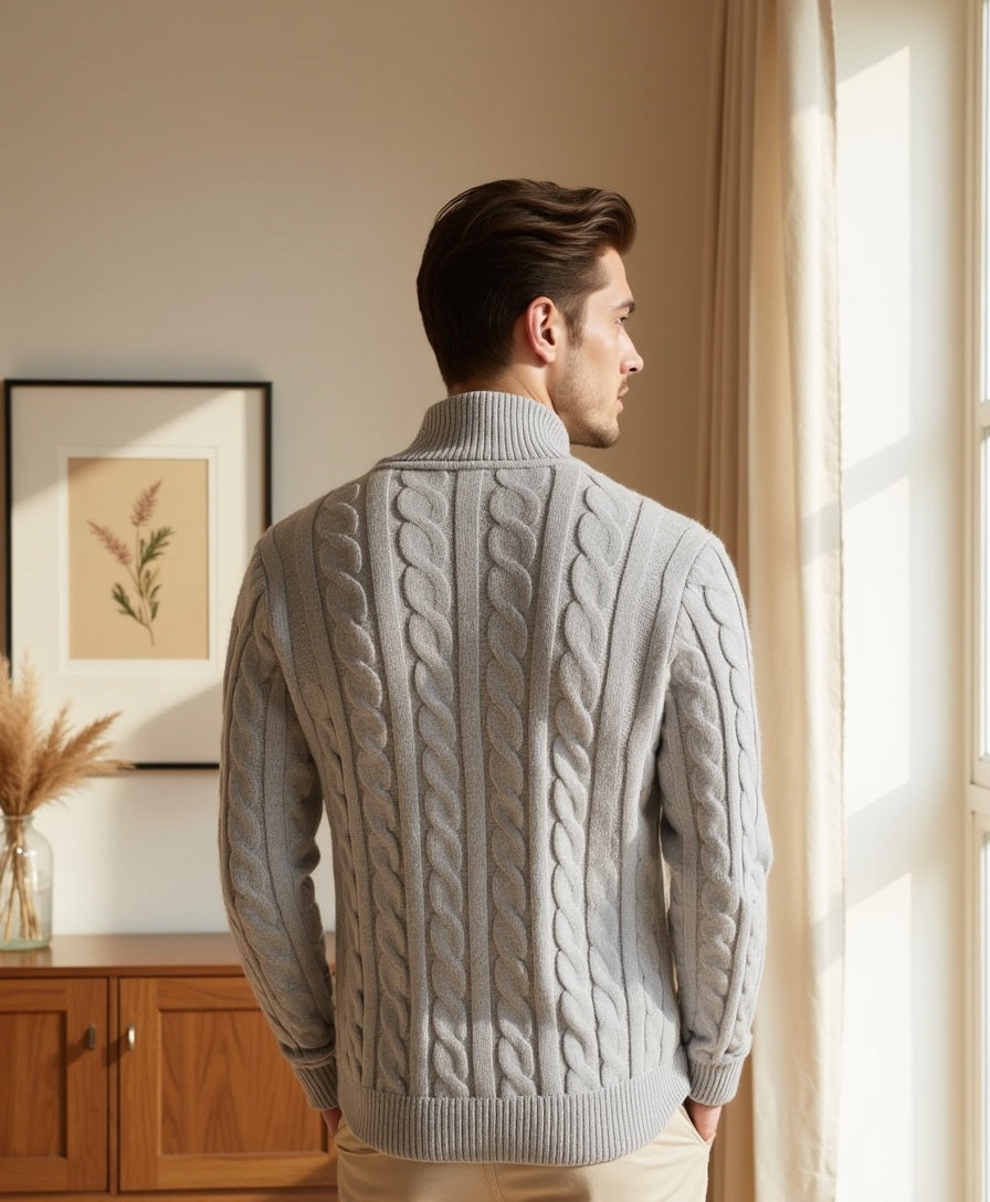Men's Ribbed Cotton Half-Zip Sweater with High Neck
