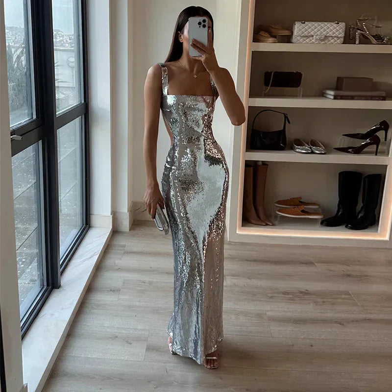 Silver Sequin Cut Out Maxi Dress