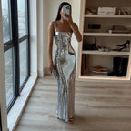 Silver Sequin Cut Out Maxi Dress