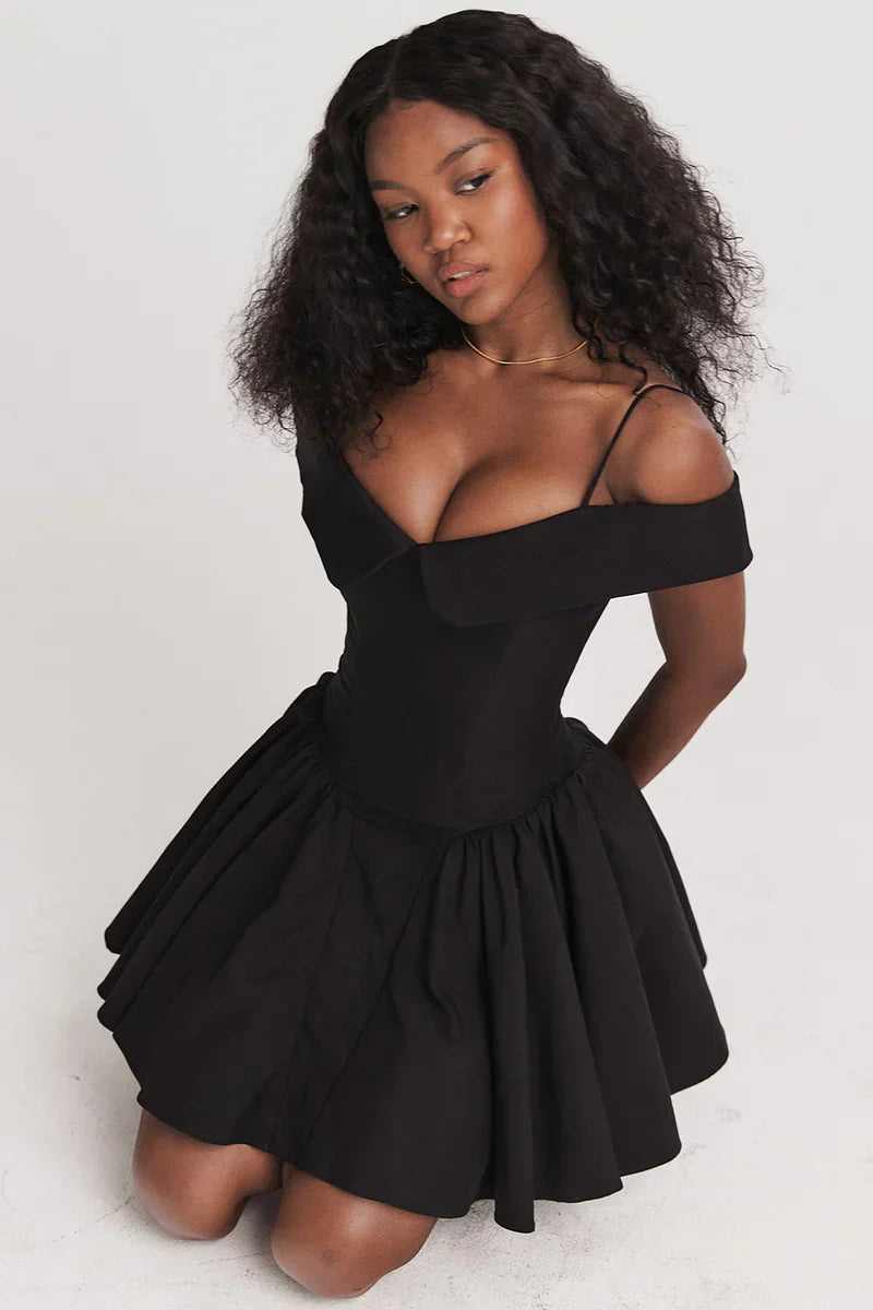 Black Corset Mini Dress with Off Shoulder Neckline