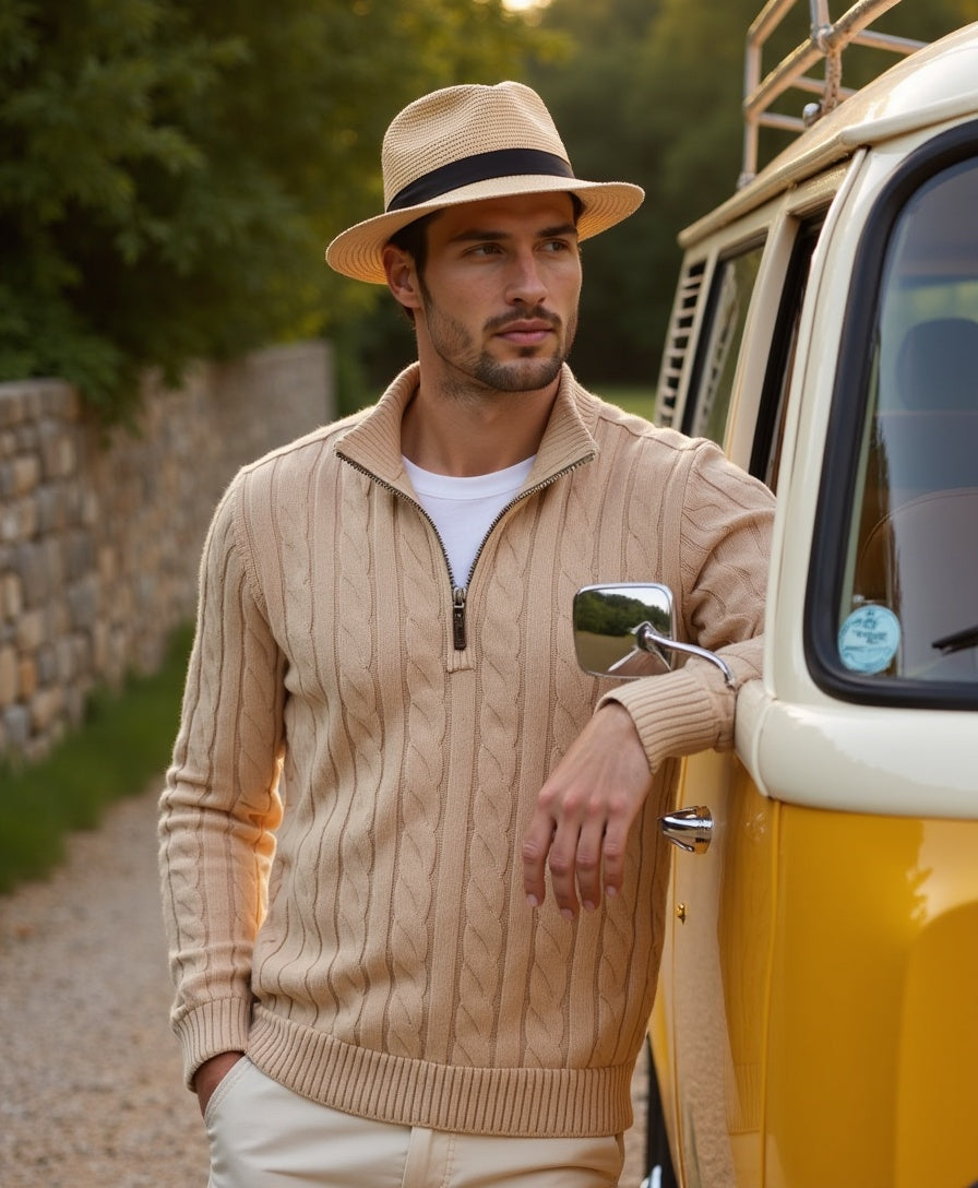 Men's Ribbed Cotton Half-Zip Sweater with High Neck