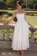White Midi Sundress with Fitted Bodice and Flowy Skirt