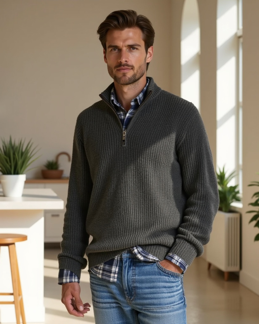 Men's Casual-Fit Sweater with Zippered Collar