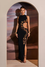 Black Cut Out Maxi Dress with Snake Print Mesh Detail