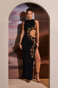 Black Cut Out Maxi Dress with Snake Print Mesh Detail