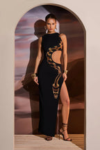 Black Cut Out Maxi Dress with Snake Print Mesh Detail