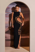 Black Cut Out Maxi Dress with Snake Print Mesh Detail
