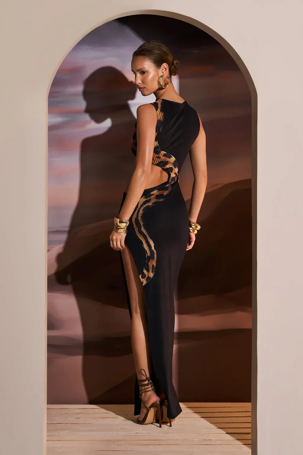 Black Cut Out Maxi Dress with Snake Print Mesh Detail