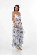 Blue Floral Ruffle Maxi Dress with Corset Bodice