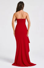Red Strapless Midi Dress with Side Split