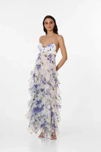 Blue Floral Ruffle Maxi Dress with Corset Bodice