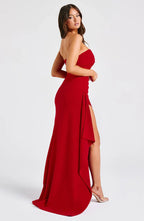 Red Strapless Midi Dress with Side Split