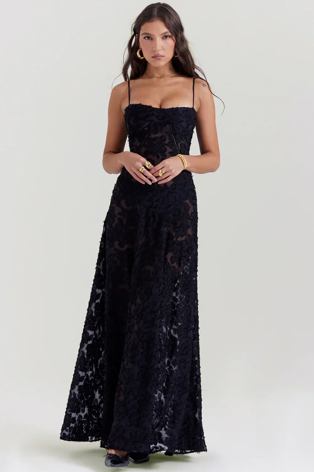Black Floral Lame Maxi Dress with Lace-Up Back