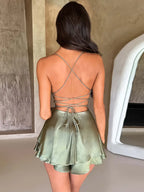 Green Satin Lace Up Mini Dress