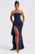 Navy Strapless Midi Dress with Side Split