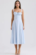 Blue Midi Dress with Corset Bodice and Side Split