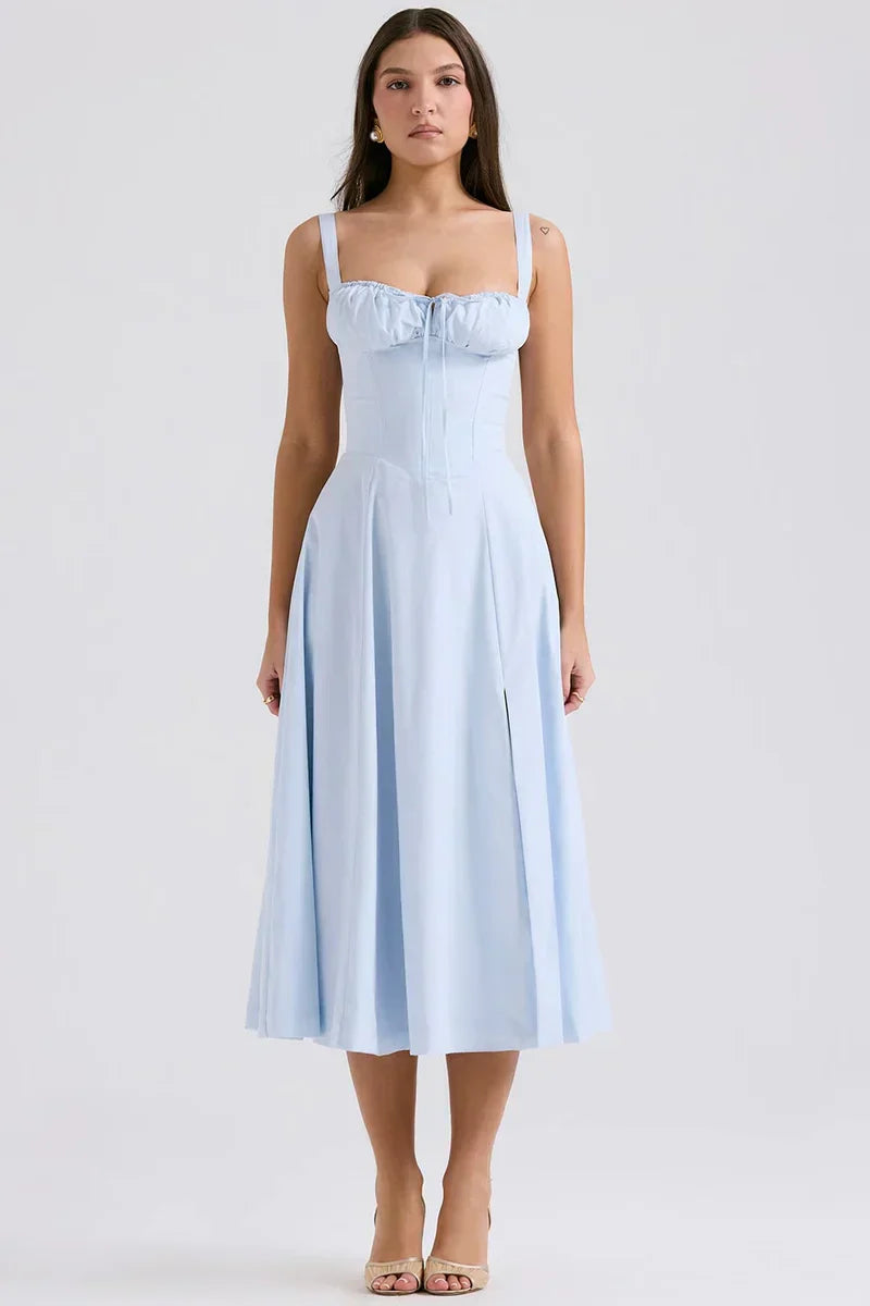 Blue Midi Dress with Corset Bodice and Side Split