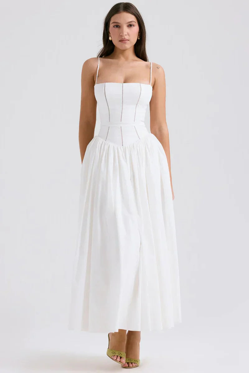 White Midi Sundress with Fitted Bodice and Flowy Skirt