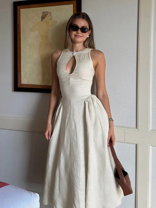 White Sleeveless Maxi Dress with Mock Neck and Cut-Out Detail
