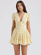 Yellow Floral Mini Dress with Pleated Detail