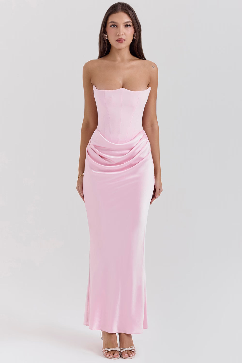 Pink Satin Look Maxi Dress with Structured Bodice