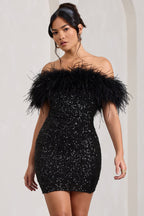 Black Sequin Bardot Mini Dress with Feather Trim