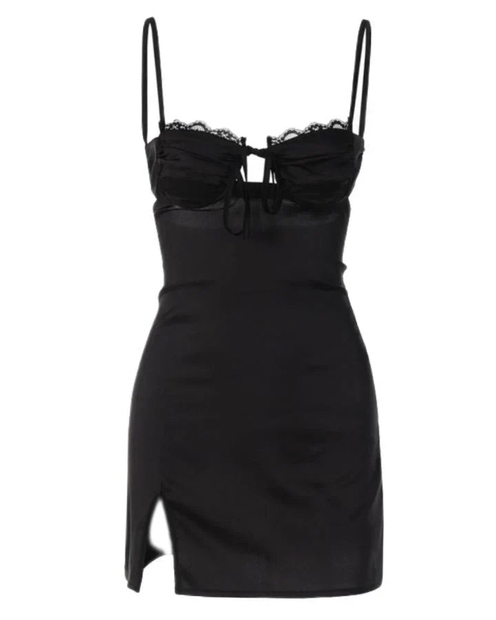 Black Mini Dress – Ruched Bust – Underwire Cups – Tie Front – Satin Finish