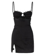 Black Mini Dress – Ruched Bust – Underwire Cups – Tie Front – Satin Finish