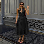 Black Maxi Dress – Sleeveless Mock Neck – Cut-Out Detail – Women’s Elegant Style