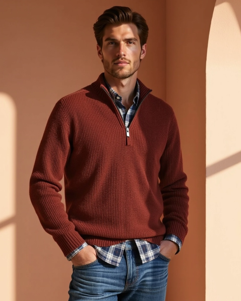 Men's Casual-Fit Sweater with Zippered Collar