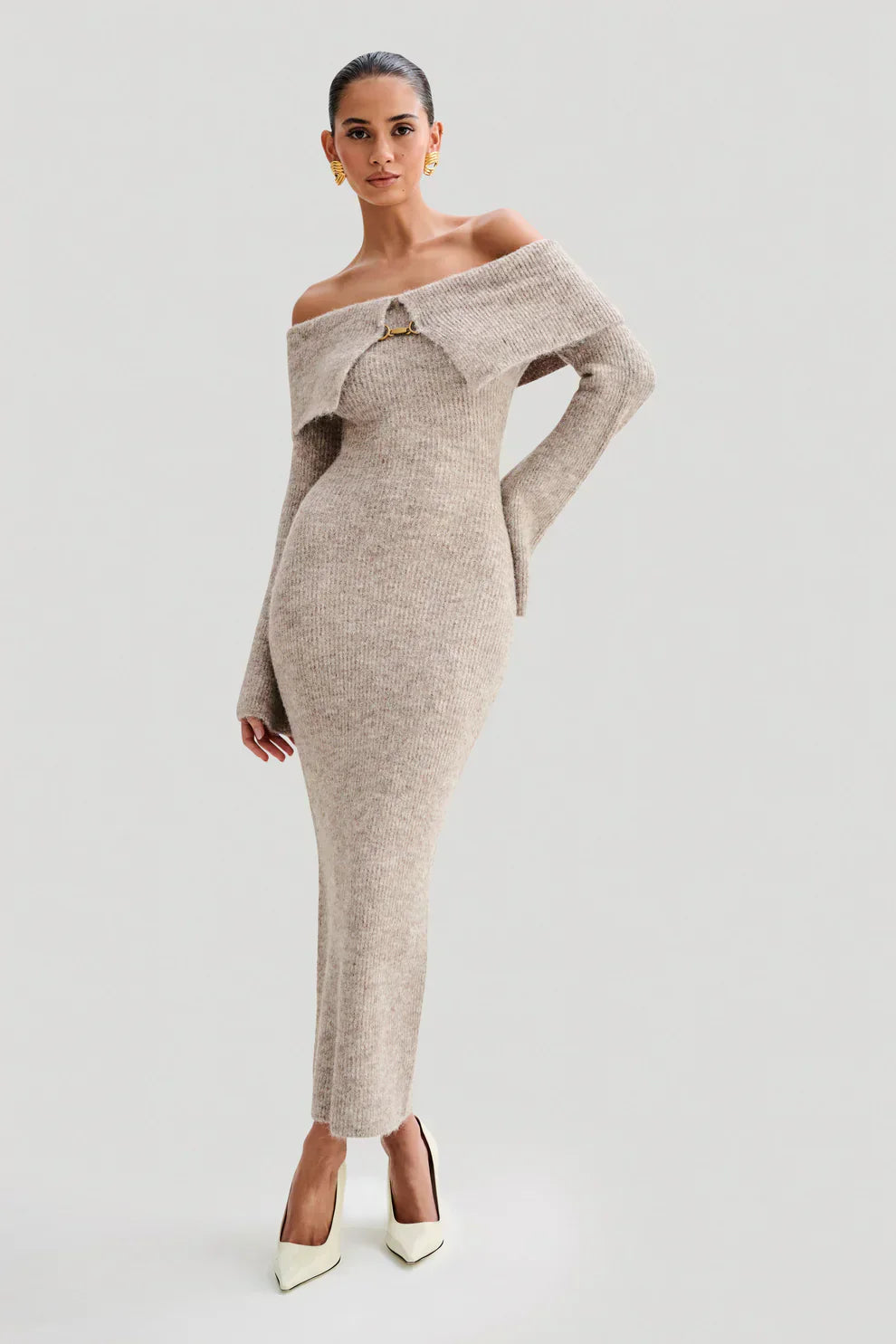 Beige Off Shoulder Knit Midi Dress