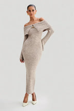 Beige Off Shoulder Knit Midi Dress
