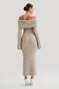 Beige Off Shoulder Knit Midi Dress
