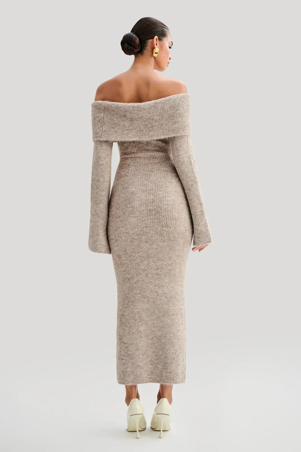 Beige Off Shoulder Knit Midi Dress