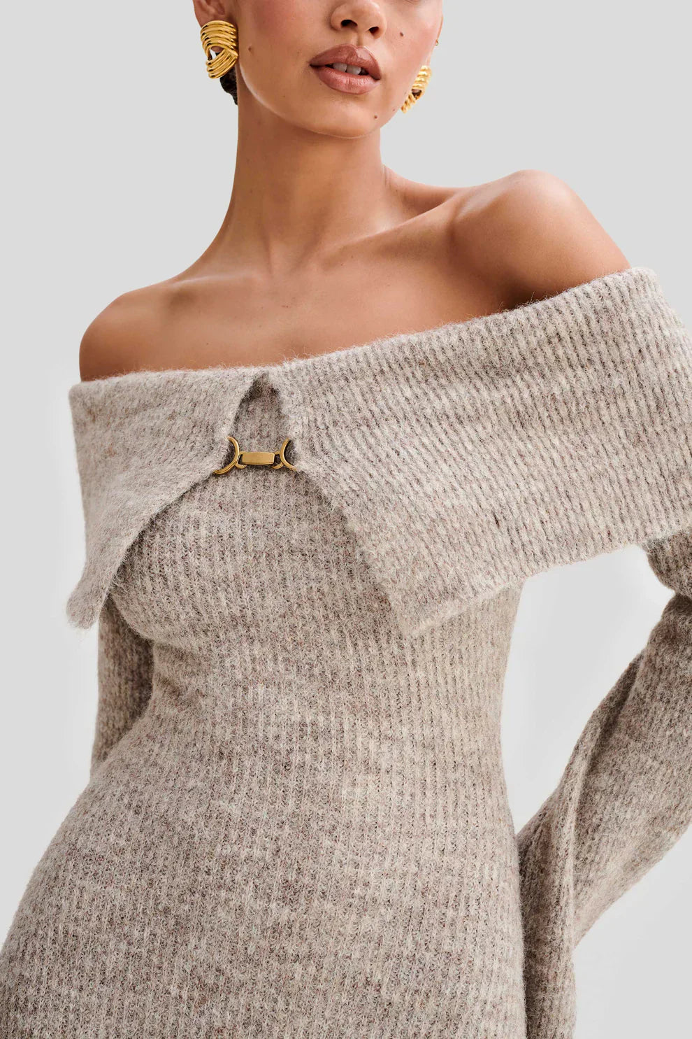 Beige Off Shoulder Knit Midi Dress