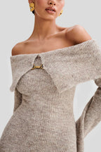 Beige Off Shoulder Knit Midi Dress