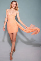 Orange Mini Dress with Ruched Detail and Plunge Neck