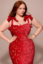 Red Lace Maxi Dress with Velvet Bow Straps
