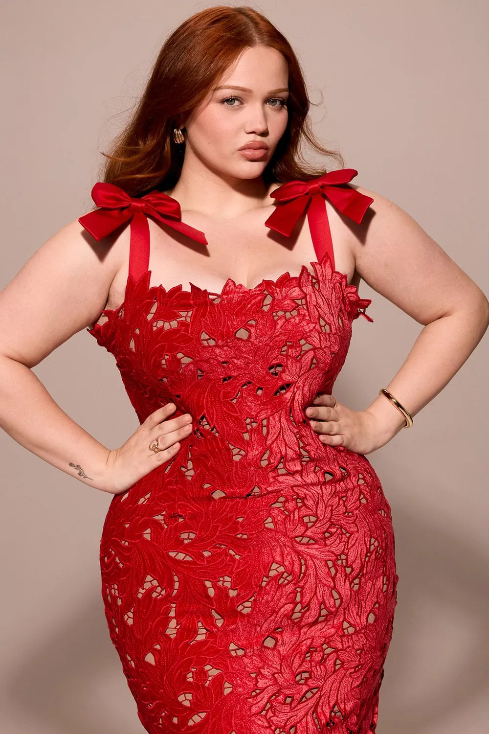 Red Lace Maxi Dress with Velvet Bow Straps