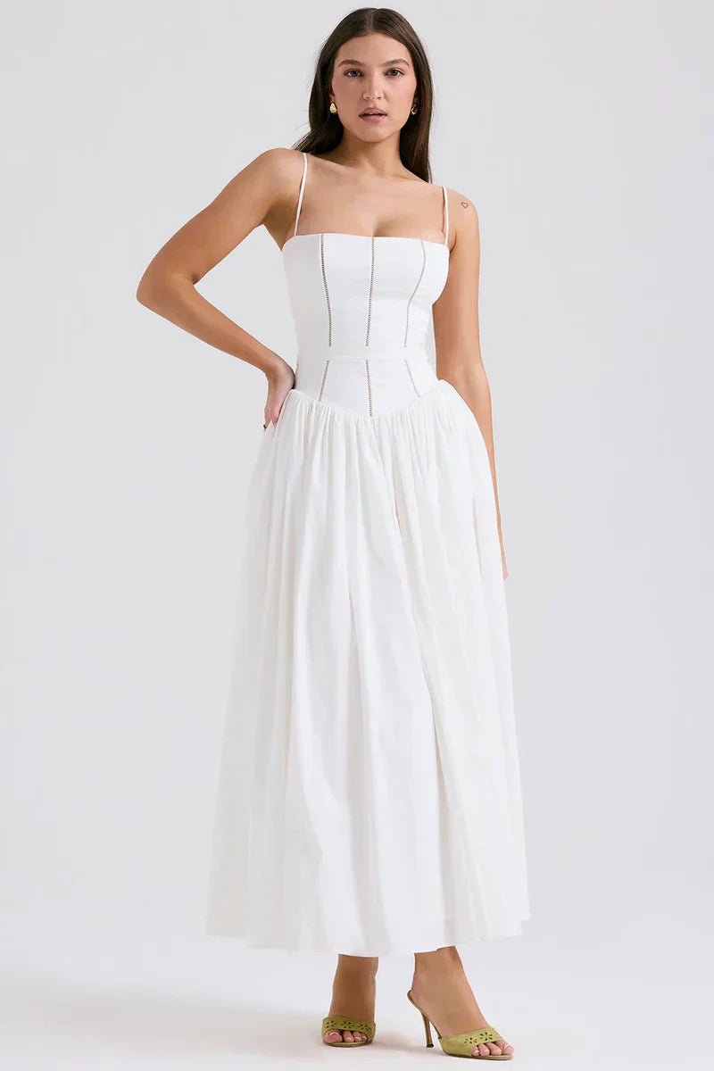 White Midi Sundress with Fitted Bodice and Flowy Skirt