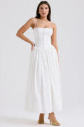White Midi Sundress with Fitted Bodice and Flowy Skirt