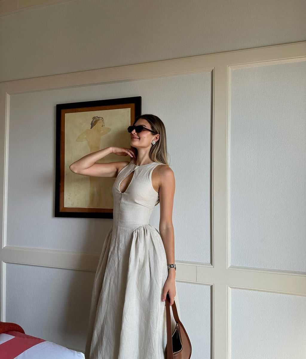 White Sleeveless Maxi Dress with Mock Neck and Cut-Out Detail