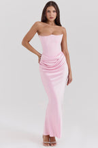 Pink Satin Look Maxi Dress with Structured Bodice
