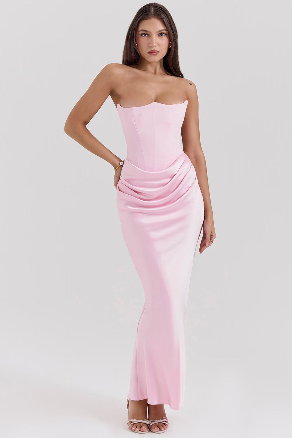 Pink Satin Look Maxi Dress with Structured Bodice