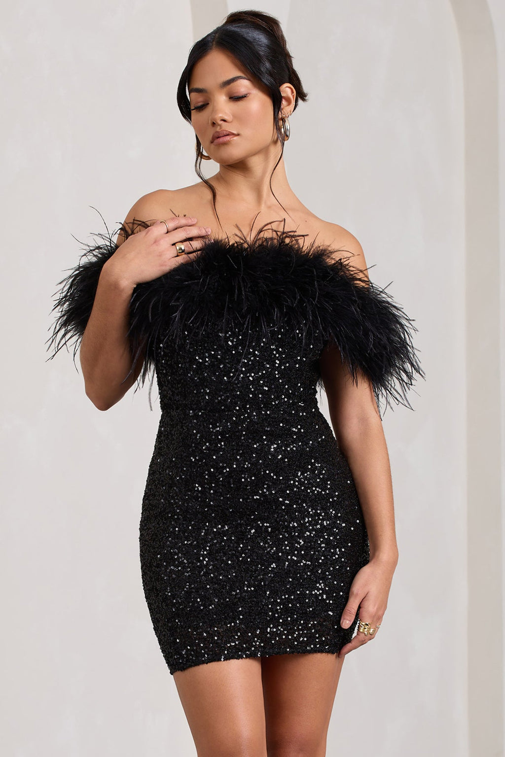 Black Sequin Bardot Mini Dress with Feather Trim