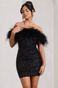 Black Sequin Bardot Mini Dress with Feather Trim