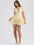 Yellow Floral Mini Dress with Pleated Detail