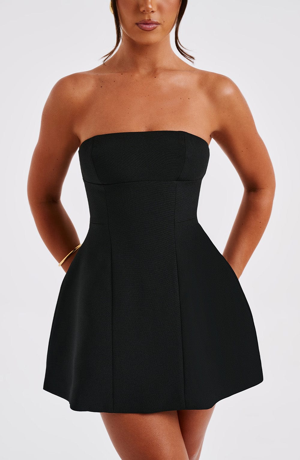 Strapless Bubble Hem Mini Dress in Black