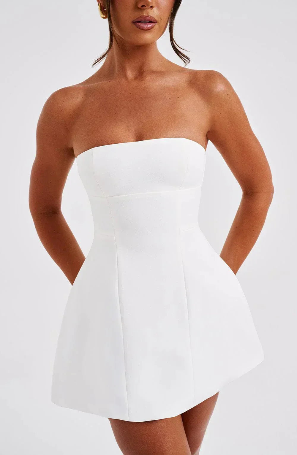 Strapless Bubble Hem Mini Dress in White