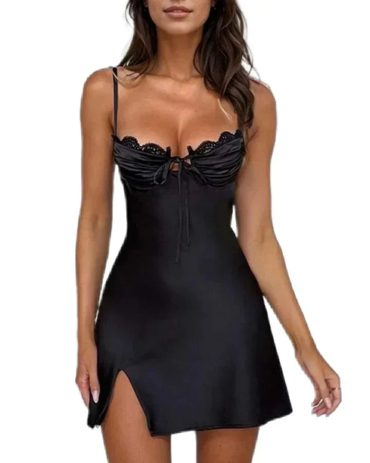 Black Mini Dress – Ruched Bust – Underwire Cups – Tie Front – Satin Finish